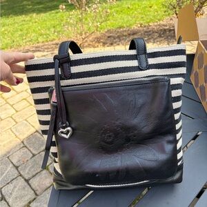 Brighton Black and Natural Striped Shoulder Bag with flower detail.